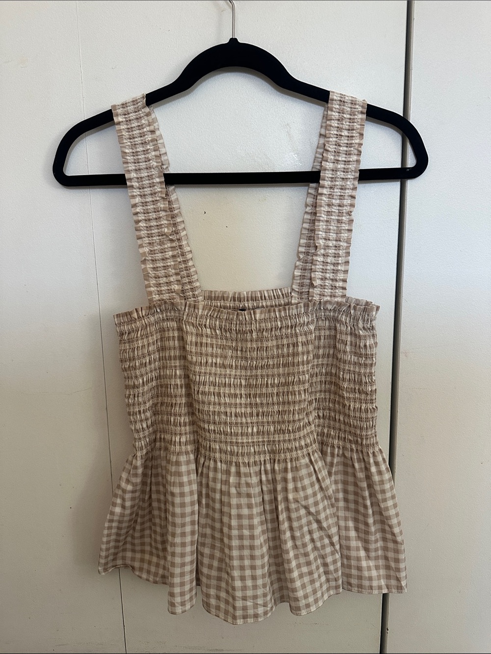 Intermix Beige Gingham Peplum Tank Top
